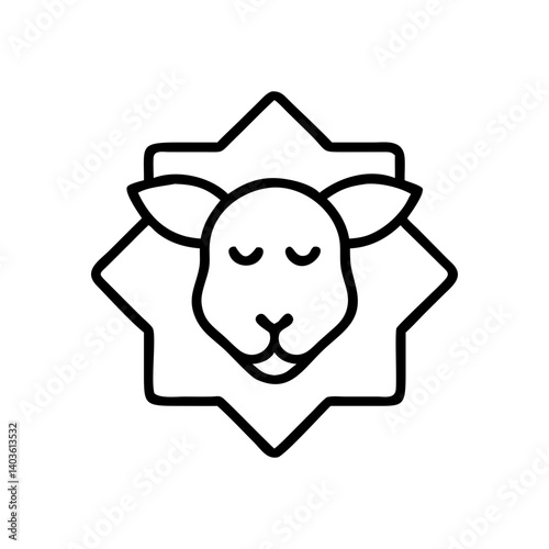 A serene lamb's face nestled within a starburst frame, symbolizing peace and tranquility with a bold, black line art style.