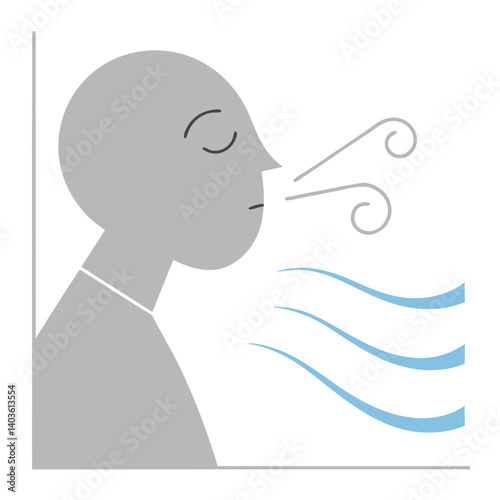 A serene figure exhaling a gentle breeze, finding peace in a quiet moment, depicted in minimalist grey and blue tones.