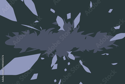 A shadowy figure emerges from a storm of fragmented shapes, a silent testament to resilience amidst chaos, rendered in muted blues and darks.
