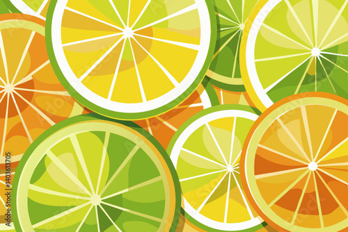 A vibrant citrus explosion of lemons, limes, and oranges, a juicy summer medley bursting with sunshine and refreshing energy, in a bold graphic style.