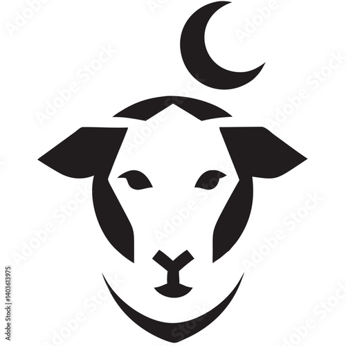 Serene lamb under a crescent moon, a peaceful nighttime scene depicted in bold black and white silhouette.