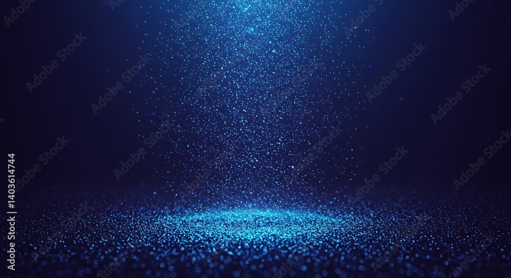 Fototapeta premium Falling Blue Glitter Particles in Dark Space Abstract Background