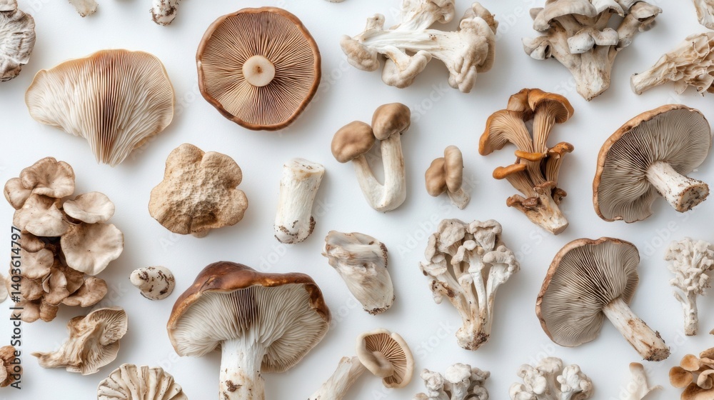 Flat lay of porcini mushrooms from top view, isolated on white Flat lay of porcini mushrooms from top view, isolated on white