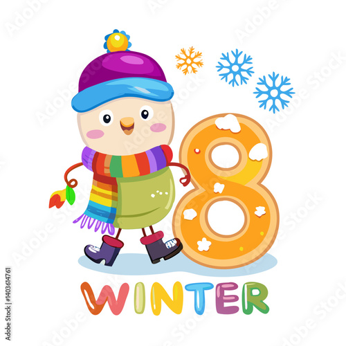 Number 8 in winter theme with bundled up child