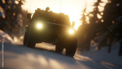 Military Tank Abandoned on Snowy Road in Winter Dusk With Golden Sun Light Through Trees With Voxelated Effect