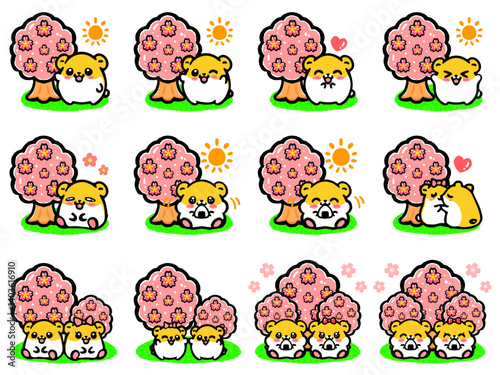 桜の木の下でお花見するハムスターのイラスト素材セット4