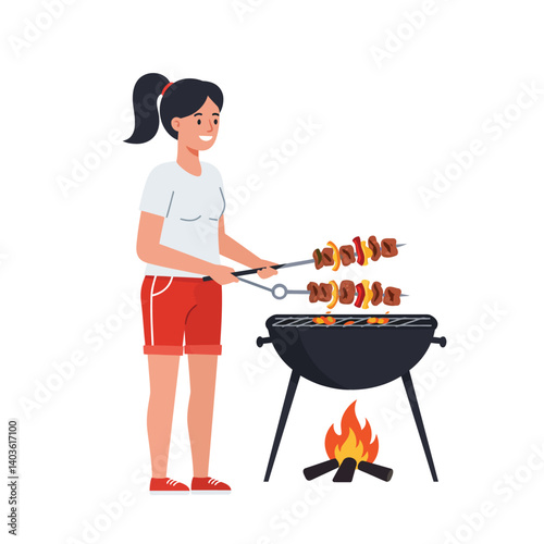Woman grilling skewers with barbecue in flat minimal vector art