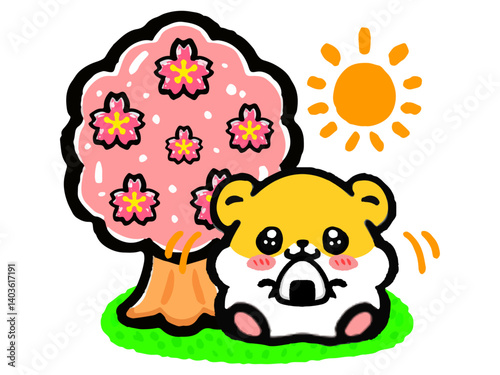 桜の木の下でお花見するハムスターの落書き風イラスト素材