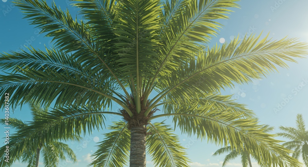 Looking up at Palm Tree with Green Fronds against a Bright Sky Looking up at Palm Tree with Green Fronds against a Bright Sky