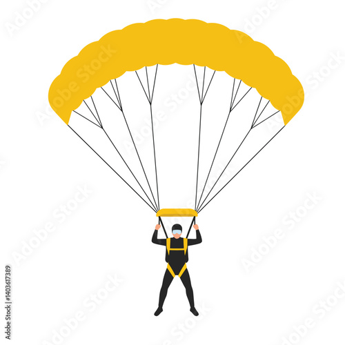 Parachutist in action with yellow parachute in flat vector art style