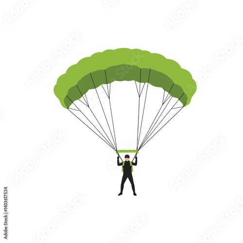 Parachutist descending with a green canopy in minimal flat vector art