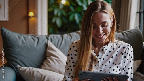 The Woman with Tablet Smiling