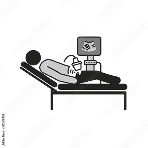 Medical Ultrasound Examination: A simplified, graphic representation of a patient undergoing an ultrasound examination, highlighting the diagnostic process and medical technology.
