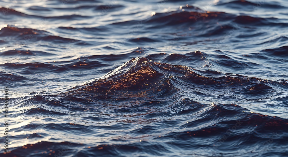 Ocean Wave Surface Texture Close-up at Sunset with Dark Blue Waters
