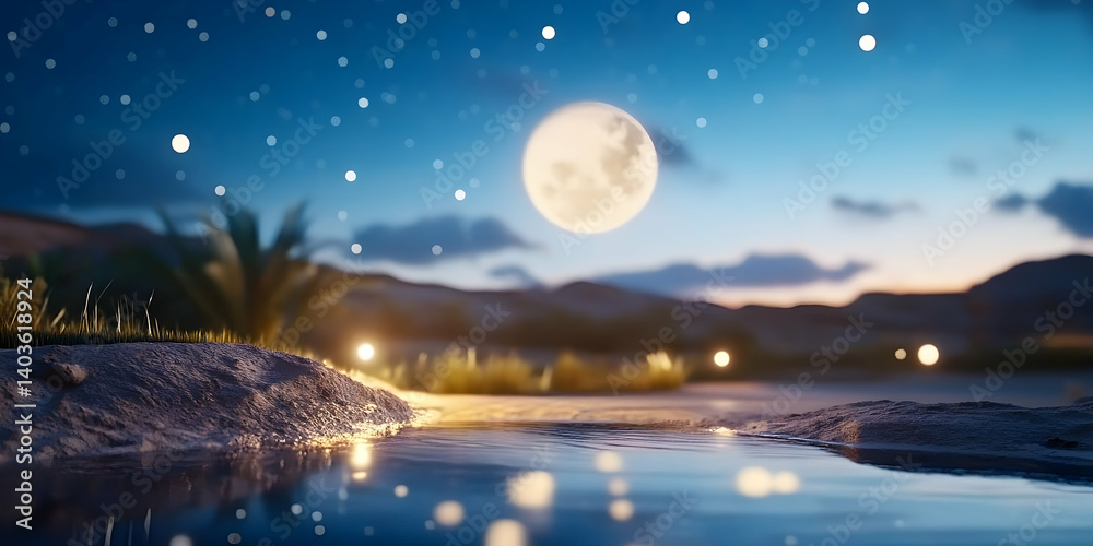 Naklejka premium Moonlight Reflects on Tranquil Lake Surrounded by Mountains in the Night Sky Under a Starry Sky