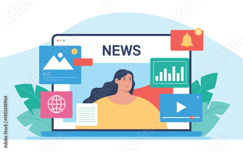 Online News Digital Media Female Presenter with Laptop Showing Data Visualization and Social Media in Flat Design Illustration