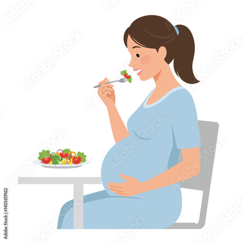 Pregnant woman enjoying a healthy salad in minimal vector art style vector illustration
