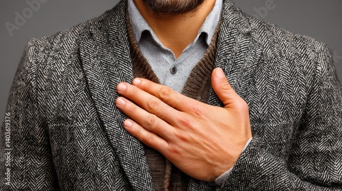 Leadership responsibility mindset concept. A well-dressed man places his hand over his heart, conveying sincerity and emotion.
