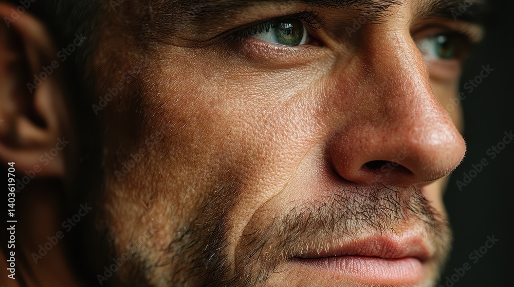 Leadership responsibility mindset concept. Intense close-up of a man's face, showcasing detailed skin texture and contemplative expression. Leadership responsibility mindset concept. Intense close-up of a man's face, showcasing detailed skin texture and contemplative expression.