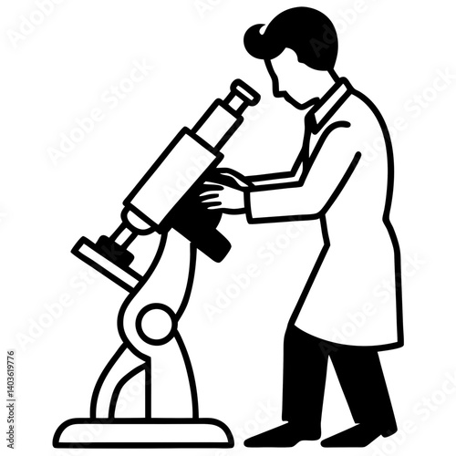 A silhouette of a person holding a microscope in one hand while adjusting it with the other