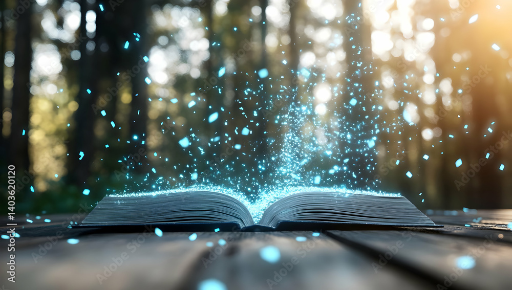 Open Book Casting Magical Blue Light in a Forest on Wooden Table Sparkles and a sense of wonder Open Book Casting Magical Blue Light in a Forest on Wooden Table Sparkles and a sense of wonder