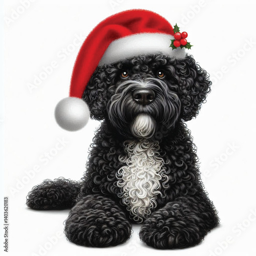 Christmas Portuguese Water Dog wearing santa claus hat Cartoon Vector Illustration isolated