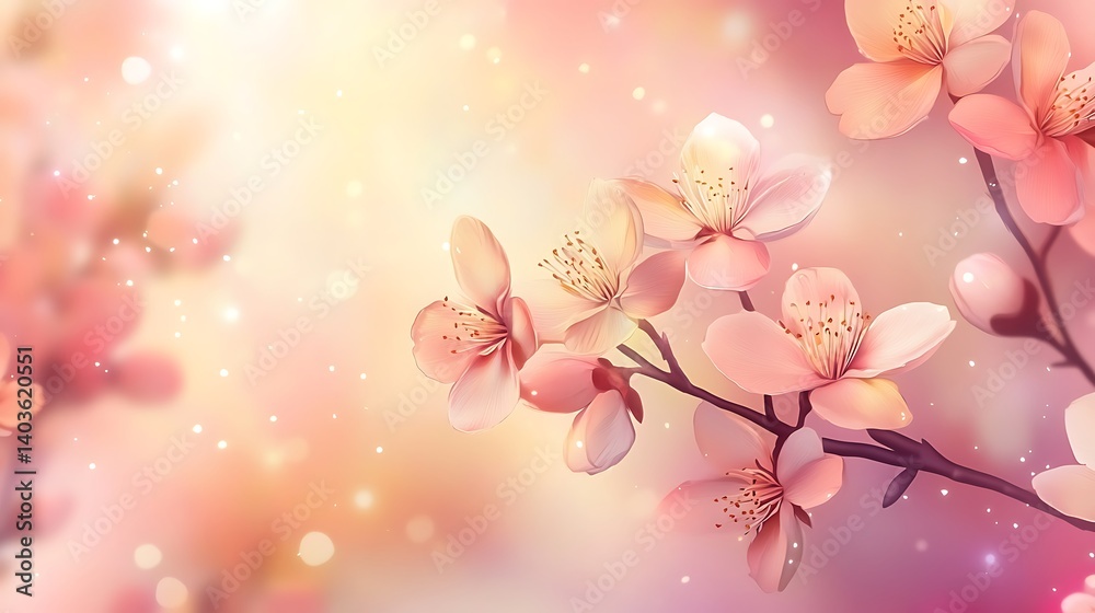 Soft Peach Blossom Branch Illustration With Delicate Petals And Gentle Light Bokeh Soft Peach Blossom Branch Illustration With Delicate Petals And Gentle Light Bokeh