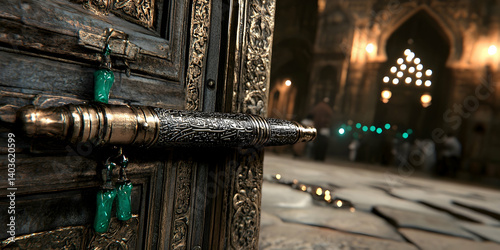 Ornate Golden Doorway Leading to Illuminated Mosque Interior with Praying People