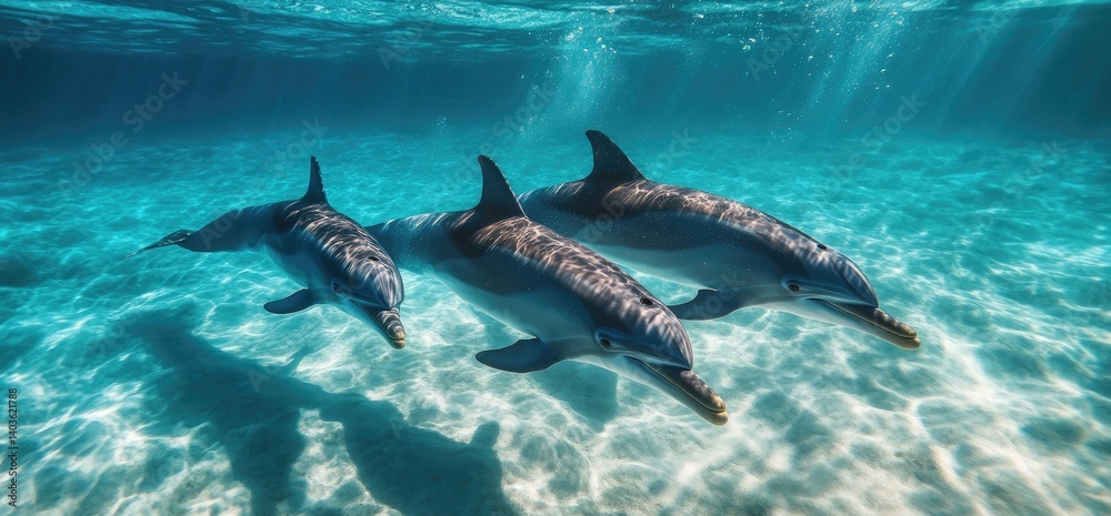 Fototapeta premium Three dolphins swim in shallow turquoise ocean, sunny day, travel poster