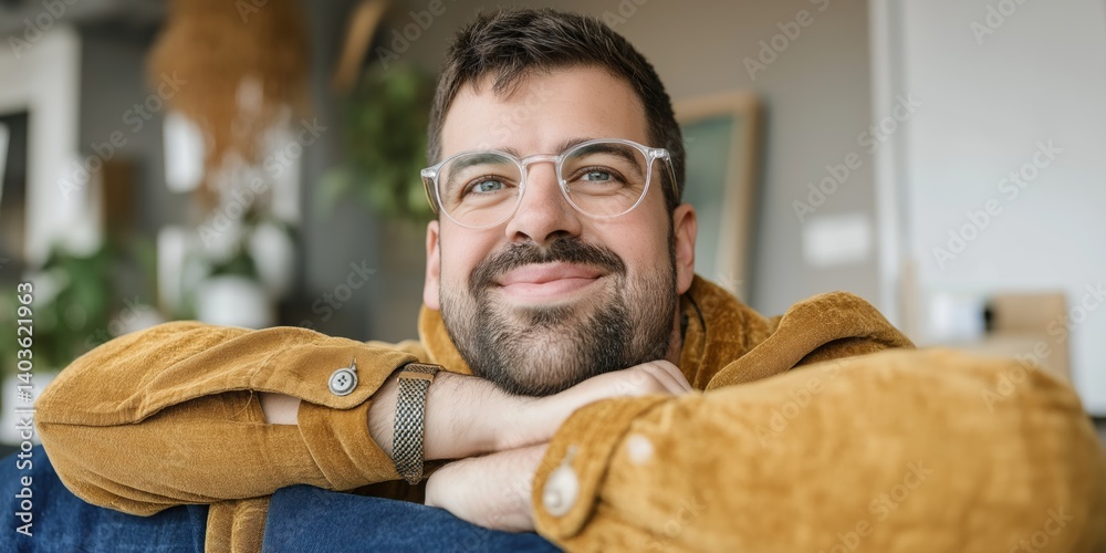 Fototapeta premium A man with glasses and a beard is smiling and looking at the camera. He is wearing a yellow shirt and blue jeans
