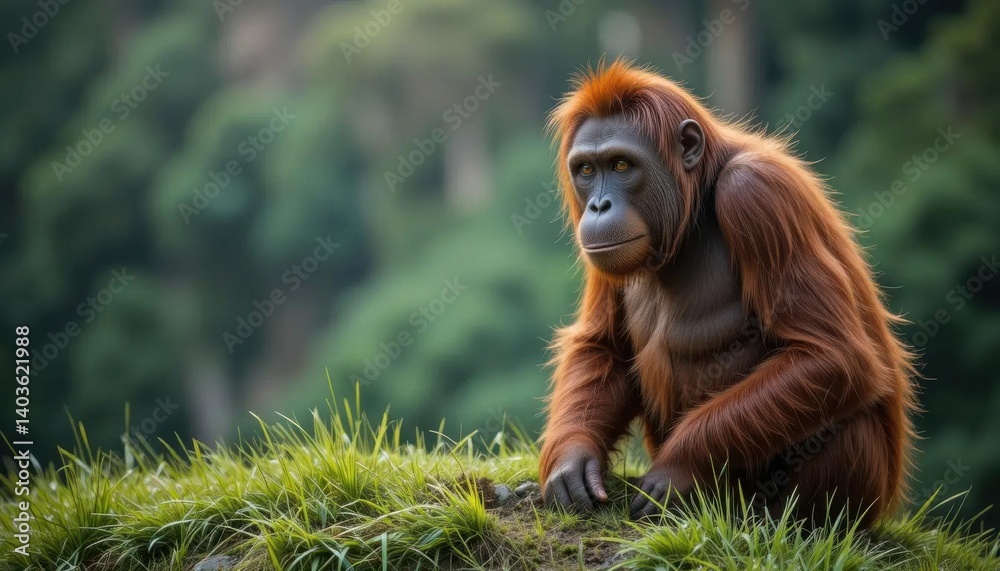 Obraz premium Bornean Orangutan Contemplating in Lush Rainforest Clearing