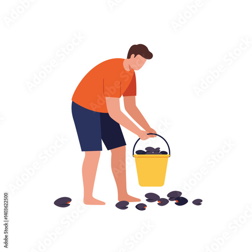 Person collecting shells with a bucket in flat vector art style