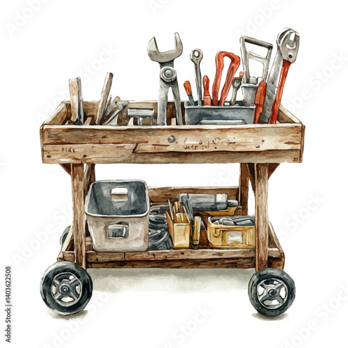 illustration of Industrial Cart With Tools, watercolor vector, isolated on a white background.