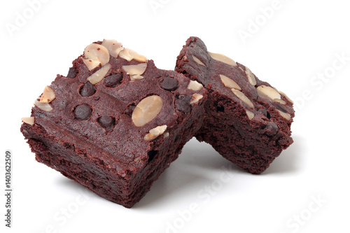 Chocolate almond cake stacked slices. isolated on a white background.