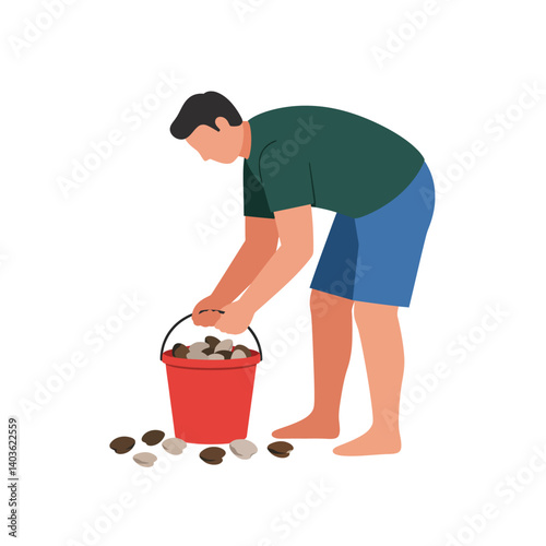 A Person collecting shells with a bucket in flat vector art style