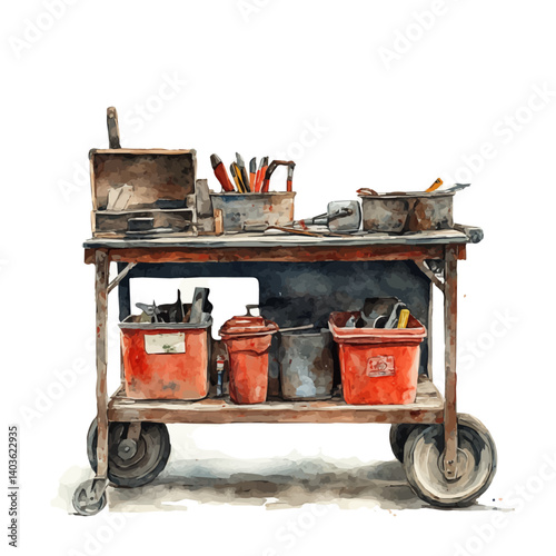 watercolor of Industrial Cart With Tools, vector, isolated on a white background.