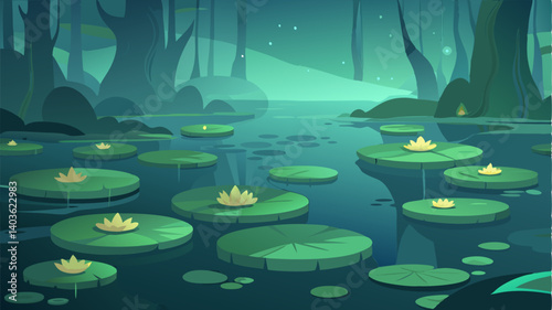 The lily pads that dot the surface of the water seem to glow in the mist creating a mystical and ethereal effect.