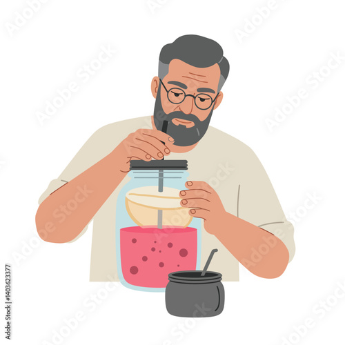 Man preparing fermented food in a jar with flat design vector art