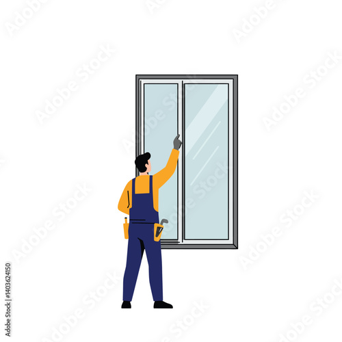 Worker applying finishing touches to a window in minimal flat vector art