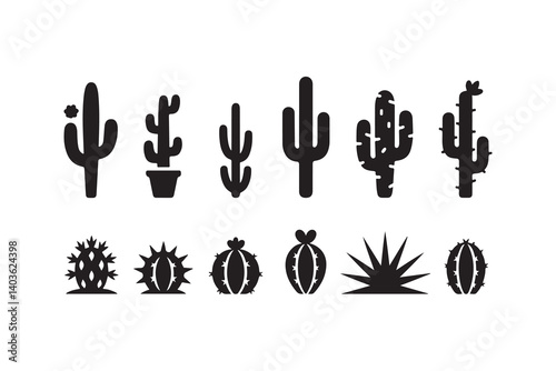 Collection of Black and White Cactus Icons in Pots