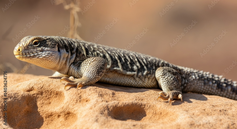 Striped desert lizard basking on sunlit rock in natural habitat