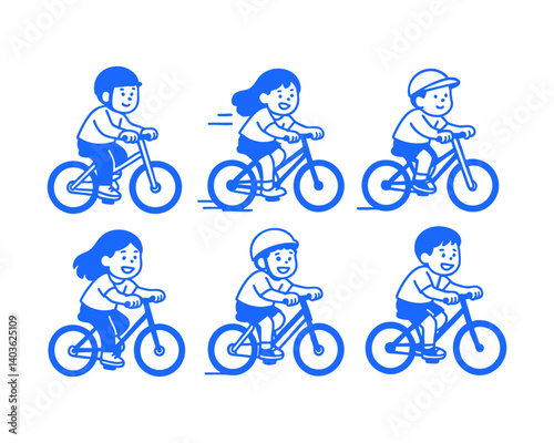 kids riding bicycle doodle cartoon drawing vector illustration set with Varied Poses and Expressions