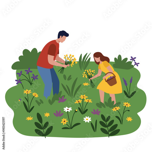 Man and girl picking flowers in a garden flat vector illustration