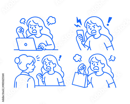 angry customer doodle cartoon drawing vector illustration set with Varied Poses and Expressions
