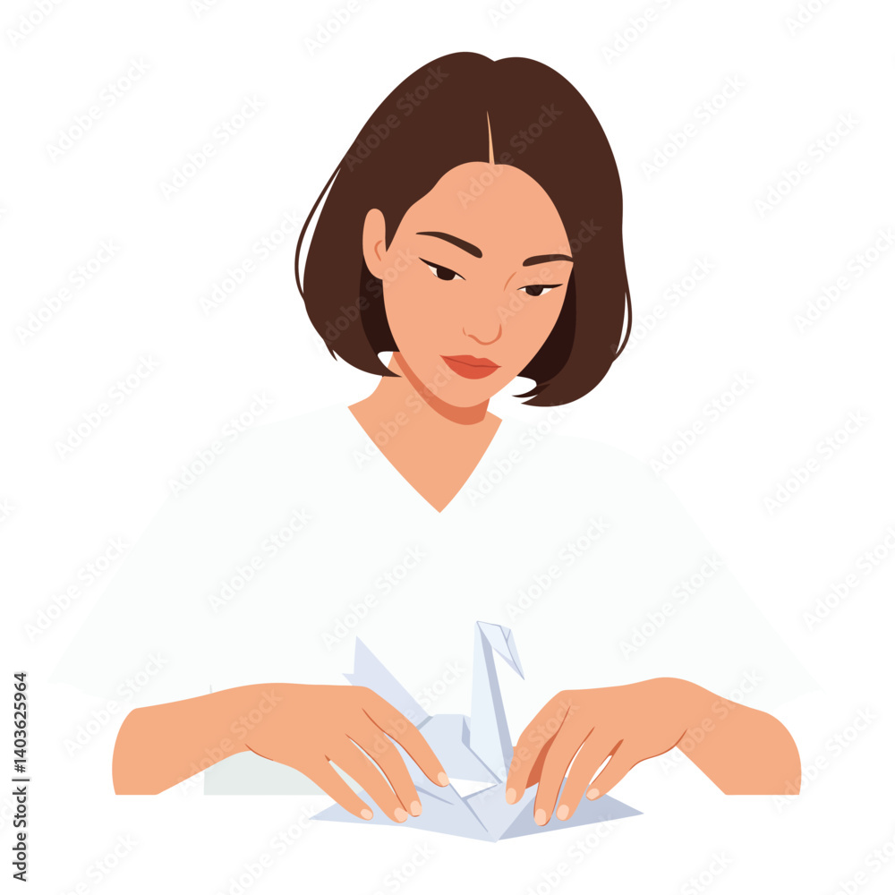 Woman creating origami crane in detailed flat vector art style showcasing creativity and skill vector illustration Woman creating origami crane in detailed flat vector art style showcasing creativity and skill vector illustration