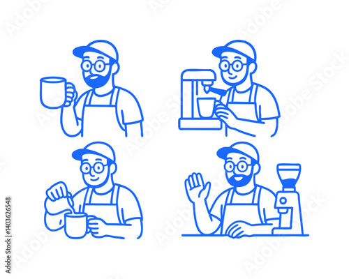 Barista making coffee behind the counter doodle cartoon drawing vector illustration set with Varied Poses and Expressions