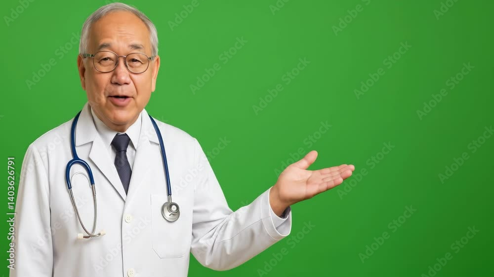 Senior doctor communicating with patients in virtual green screen presentation Senior doctor communicating with patients in virtual green screen presentation