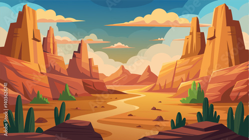 The endless expanse of this rugged desert canyon is broken only by the occasional rock formation or cactus dotting the landscape.