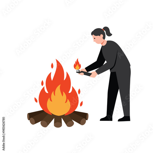 Person igniting a campfire with flames and logs in flat vector art