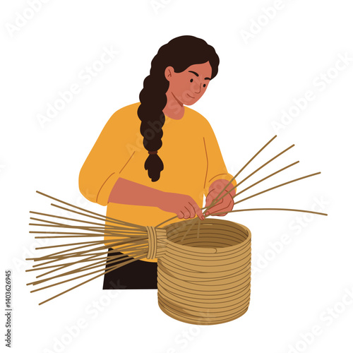 Woman weaving a basket with natural materials in flat vector art
